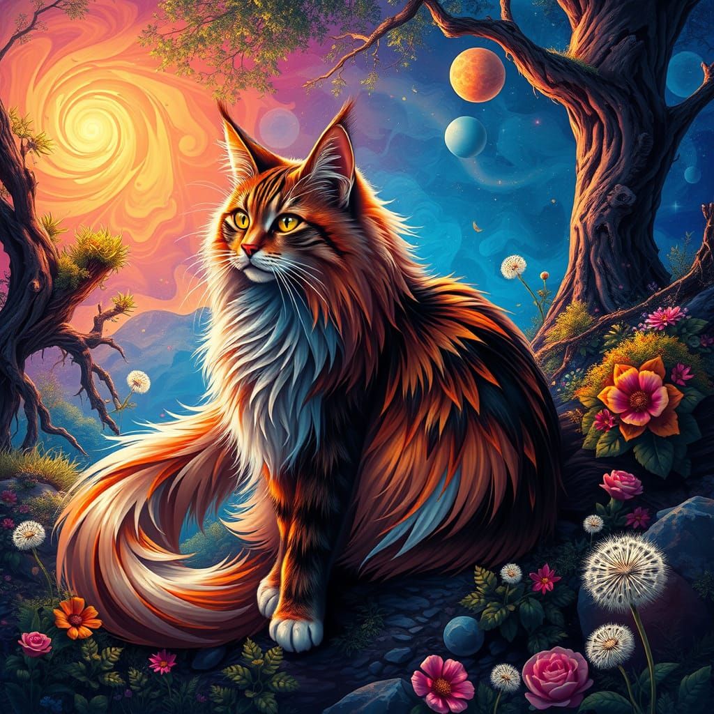 Whimsical Cat in a Vibrant Forest Realm