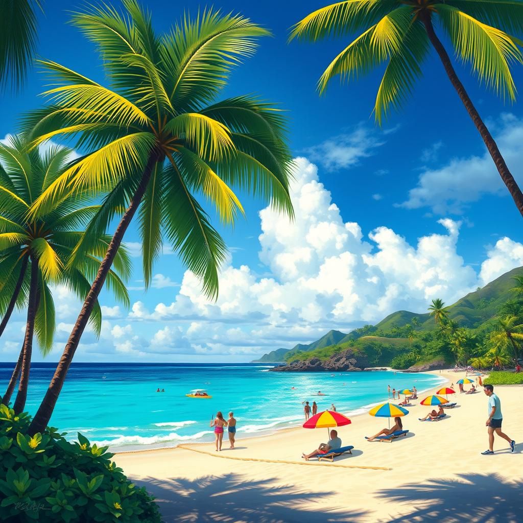 Idyllic Hawaiian Beach Scene in Impressionist Style