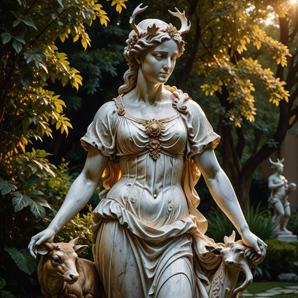 Artemis and Deer: Baroque Marble Sculpture