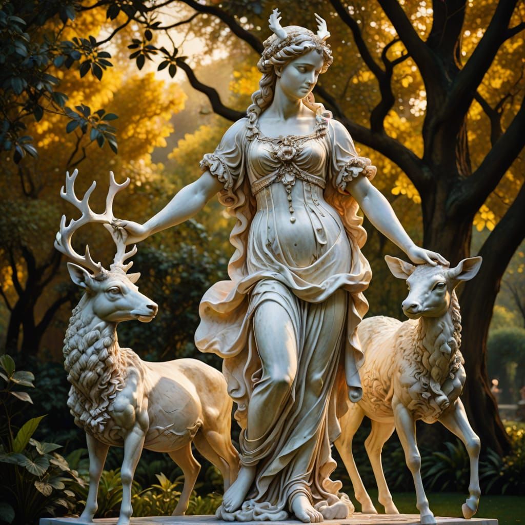 Artemis and Deer Marble Sculpture in Eden