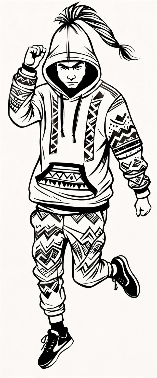 Cartoon of Jumping Person in Tribal Hoodie
