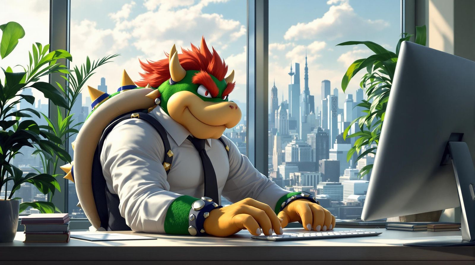 Bowser Surfs the Web in a Sunny Office
