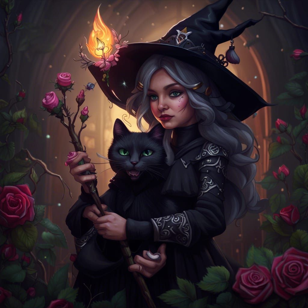 Adorable Witch with Black Cat in Fantasy Art Style