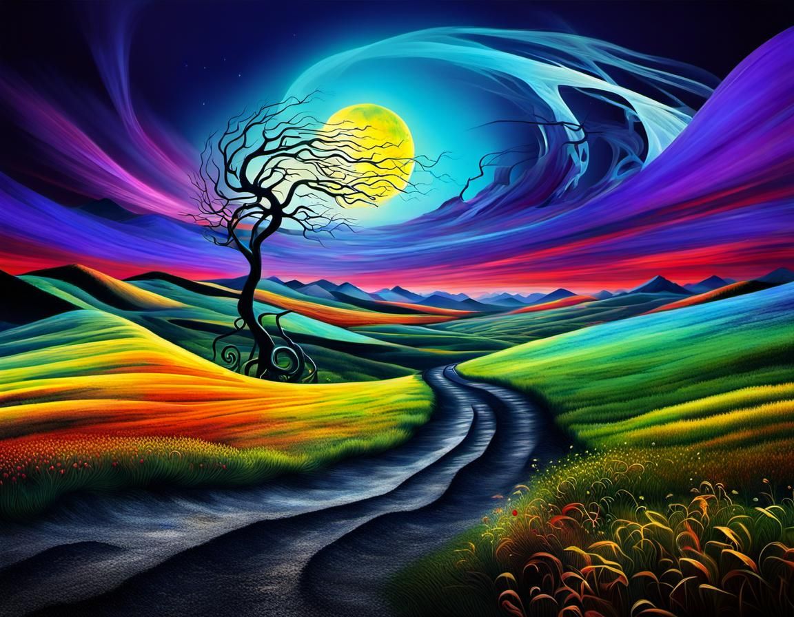 Surreal DNA Strands Dance in a Colorful Landscape