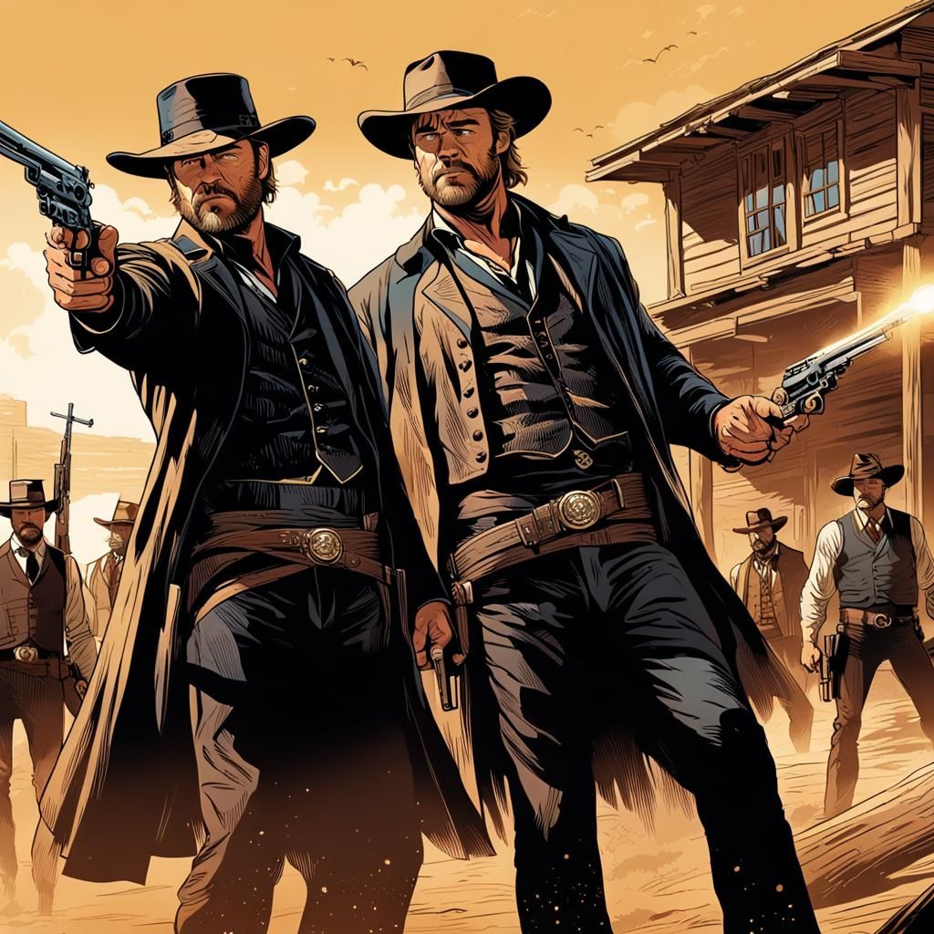 Western Gunslinging Duel in Comic Book Style