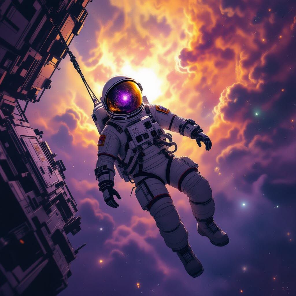 Astronaut Adrift Among Nebula in Dark Fantasy Style