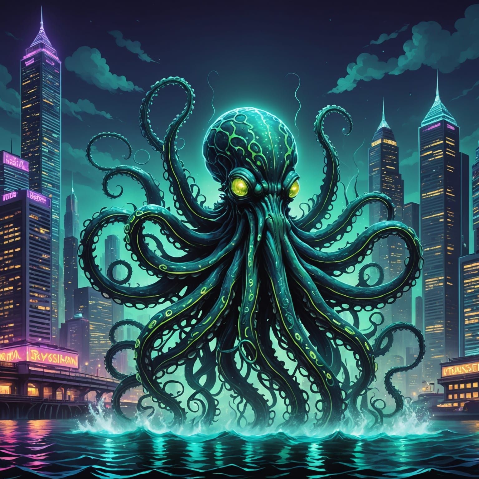 Bioluminescent Cybernetic Kraken Rising in Neon Cityscape