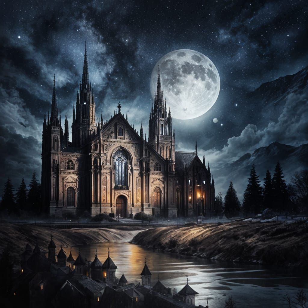 Gothic Milan Cathedral Under Starry Moon, Digital Art
