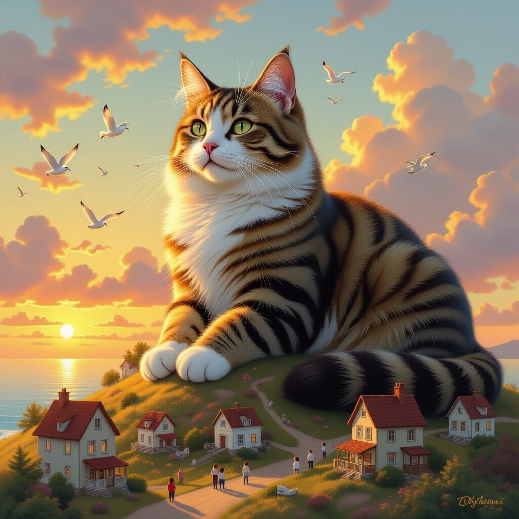 Giant Tabby Cat Overlooks Coastal Village at Sunset