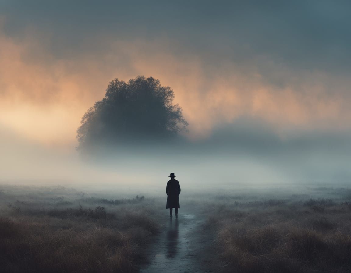 Surreal Landscape with Lone Figure in Golden Light