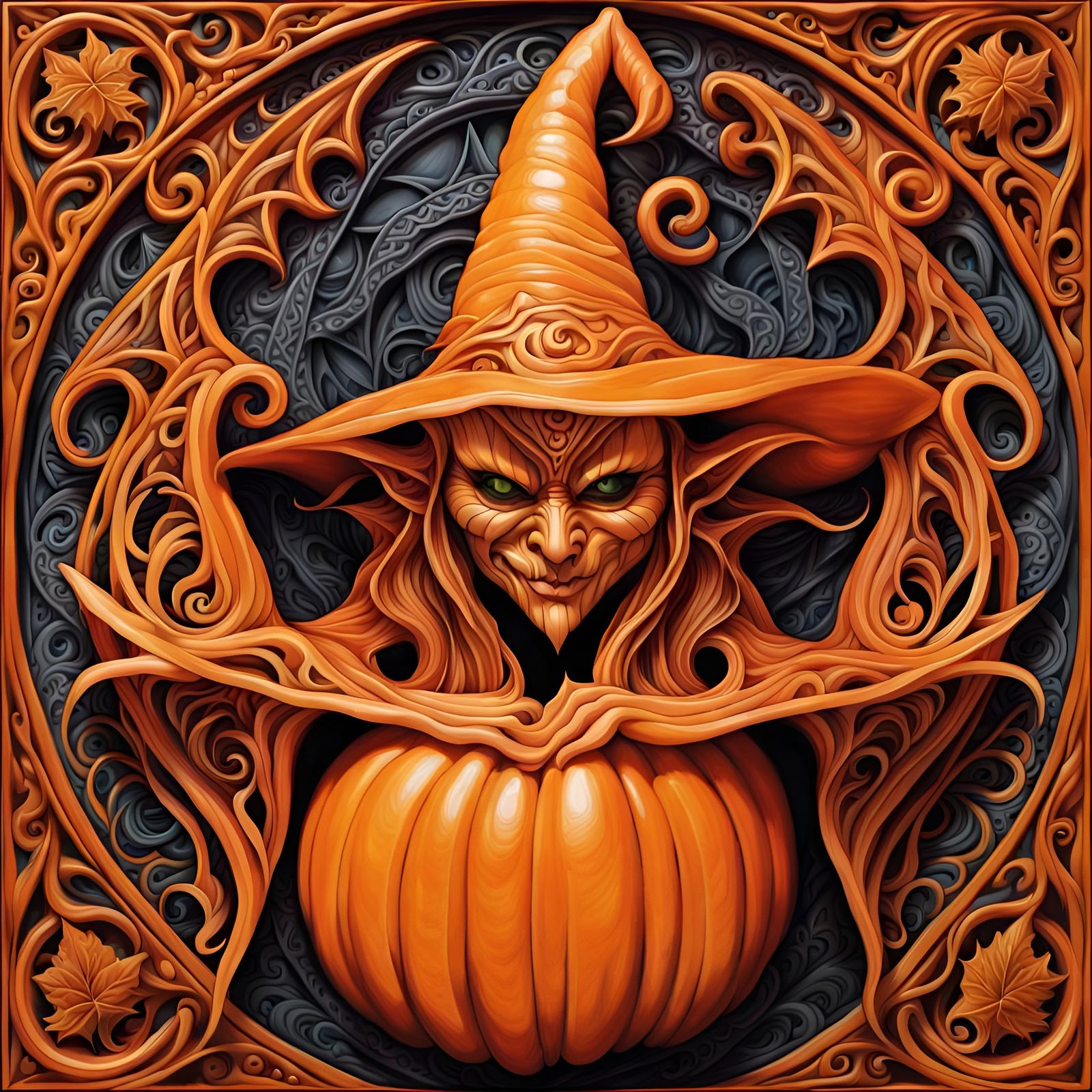 Intricate Pumpkin Witch Carving, Fantasy Line Art