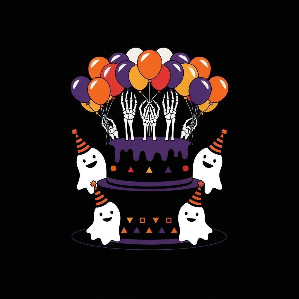 Gothic Halloween Birthday Cake with Ghosts and Balloons