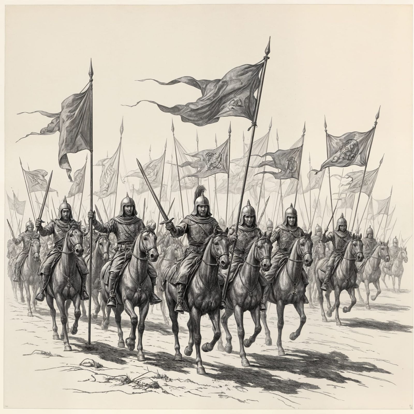 Assyrian Riders Advance with Billowing Banners in Charcoal
