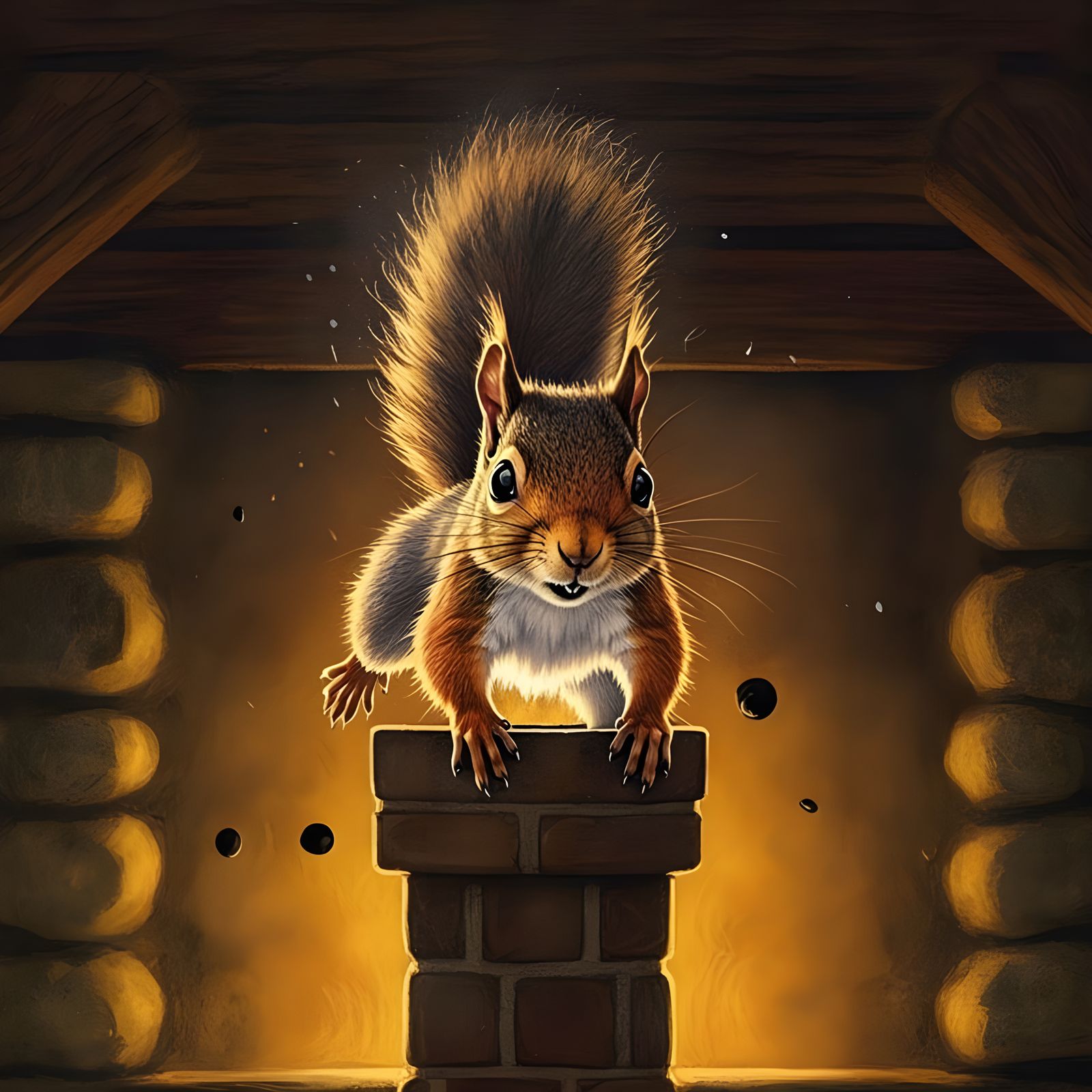 Squirrel Leaps from Cozy Fireplace in Whimsical Style