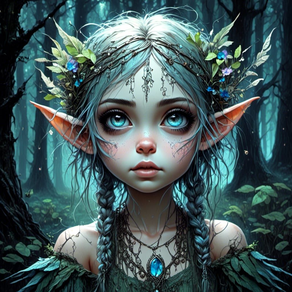 Chibi Elf in Twilight Forest, Oil Painting