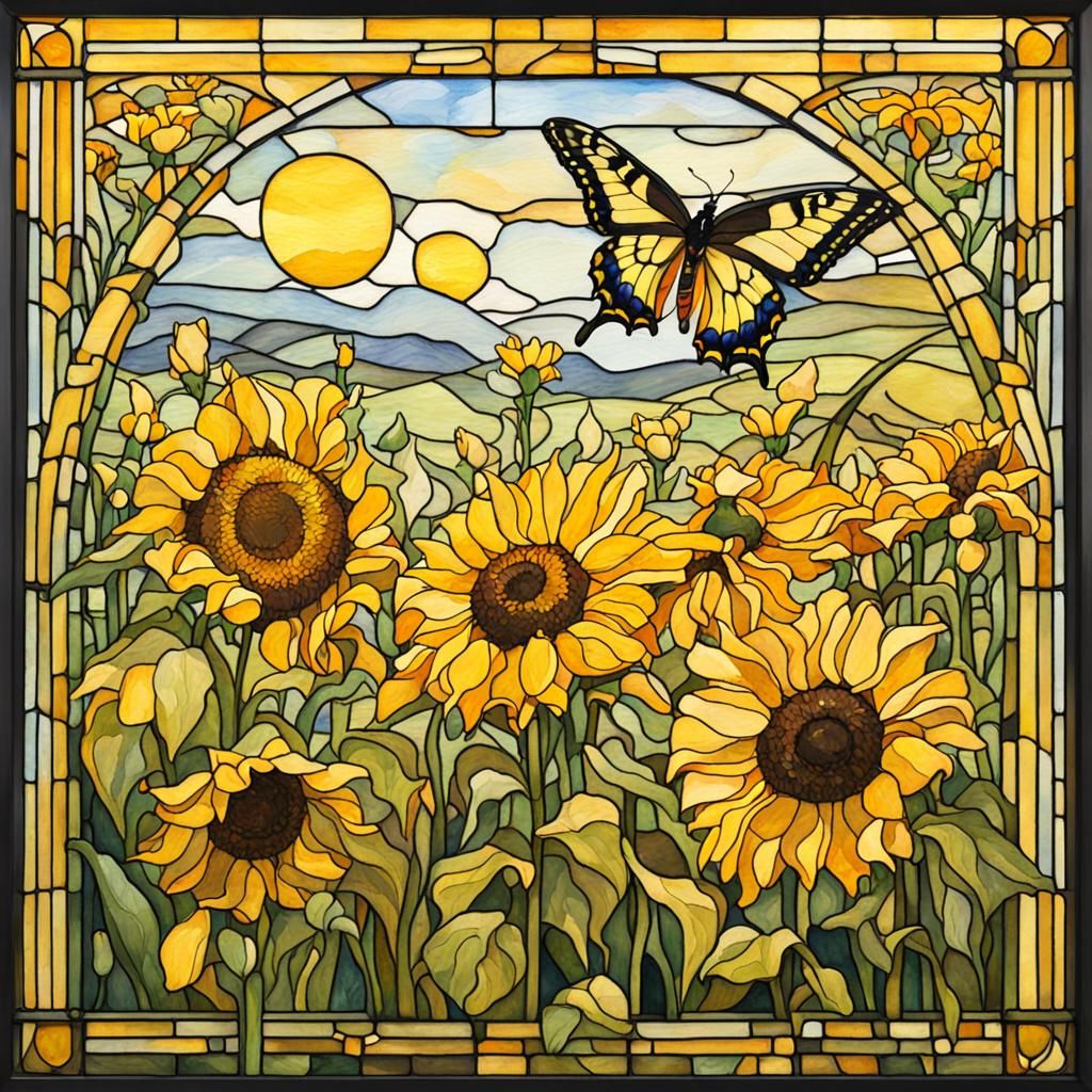 Art Nouveau Stained Glass with Yellow Flowers and Butterfly