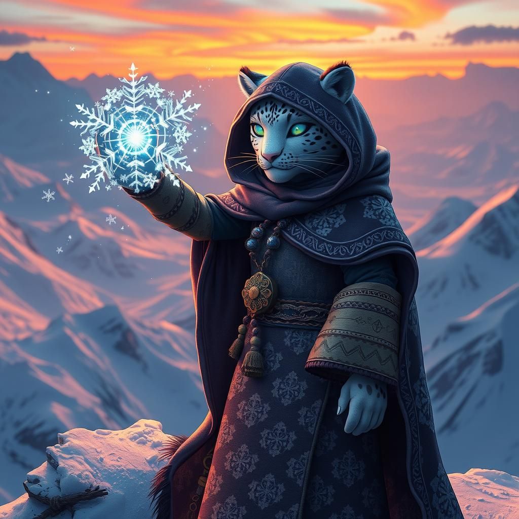 character design, 3D animated, magical snow leopard sorcerer...