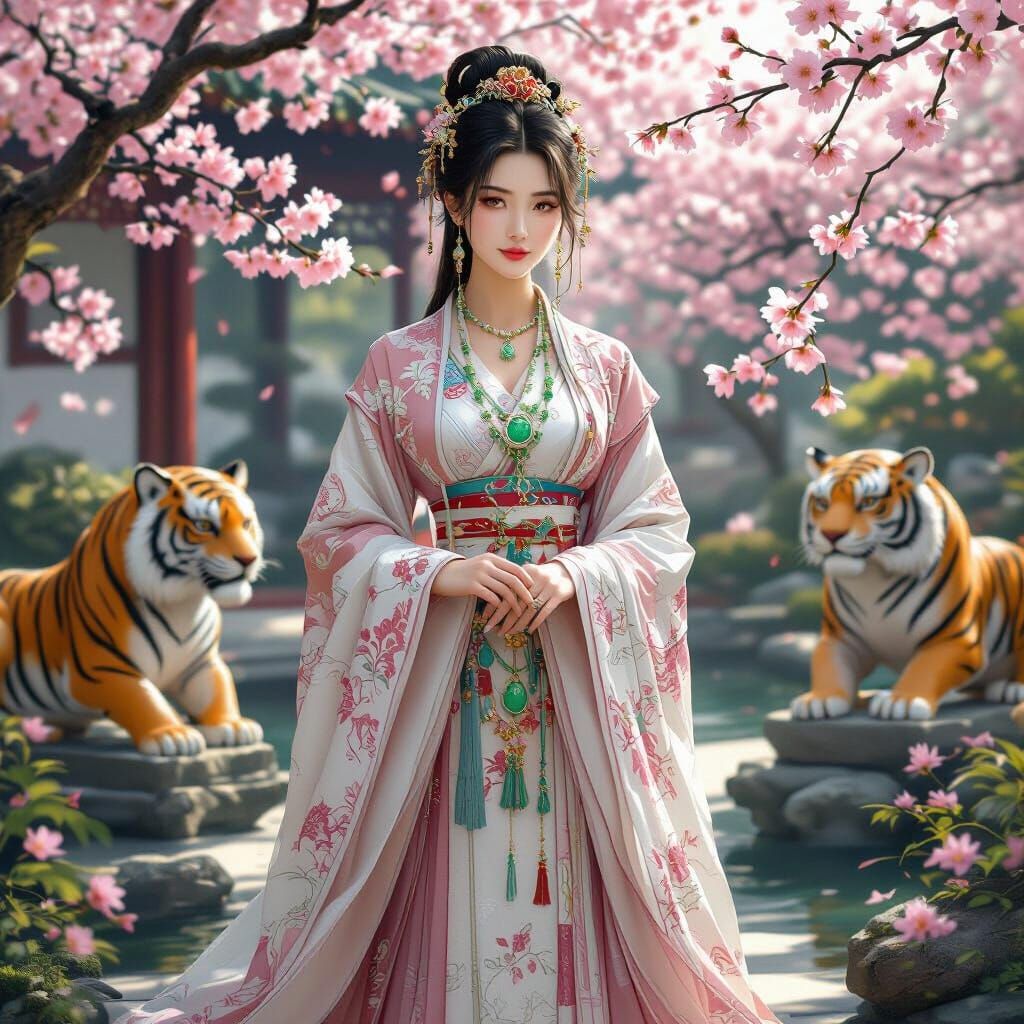 Chinese Princess in Garden with Tiger Statues