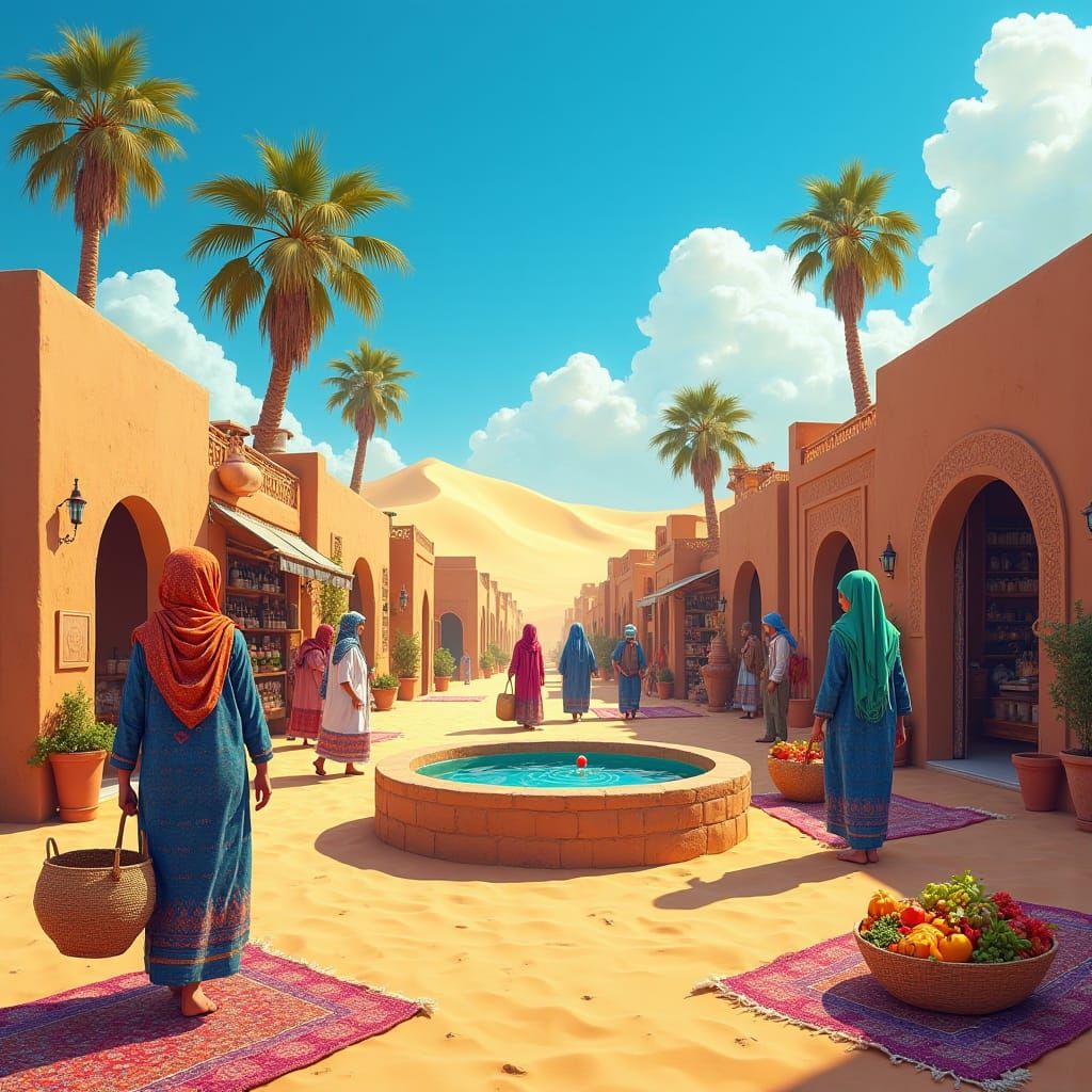 Vibrant Desert Village Under Blue Sky