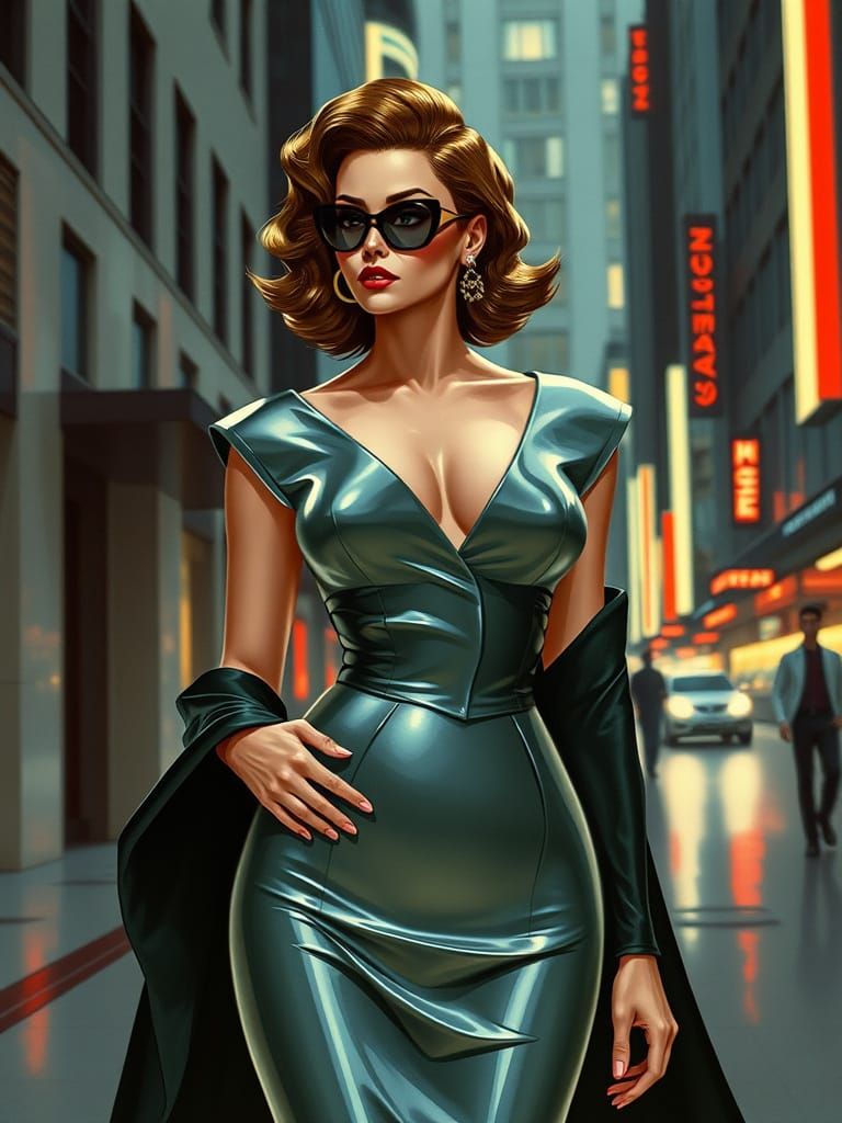 Retrofuturistic Art Deco Woman in Cityscape