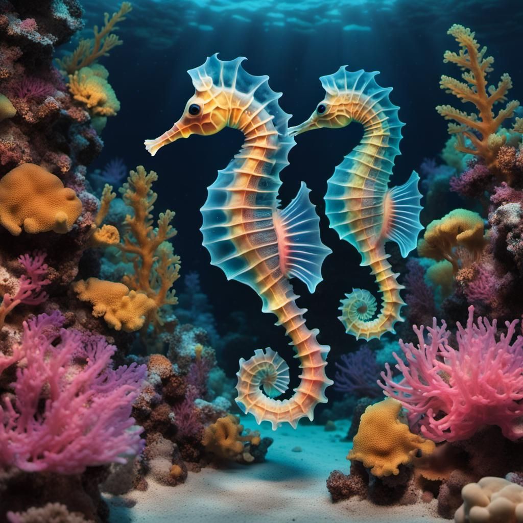 Neon Seahorse Foals in Bioluminescent Coral Reef