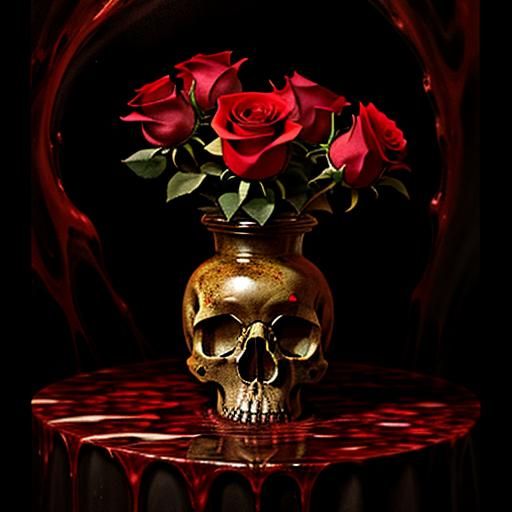 Mystic Skull Vase with Blood Roses: Fantasy Art