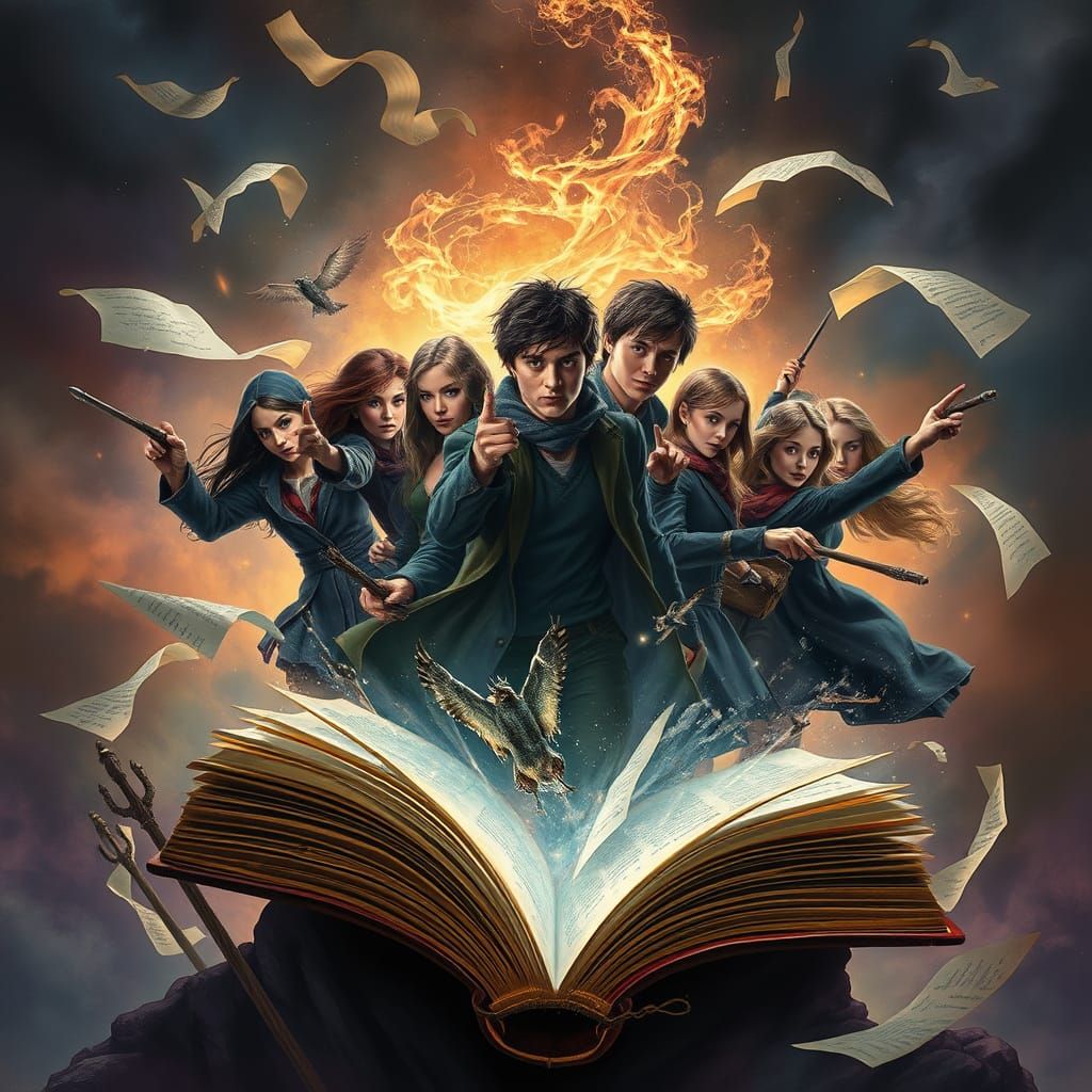 Characters Emerge from Mystical Book in Hyperrealistic Style