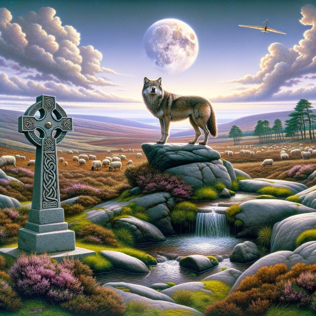 Serene Moorland Wolf in Celtic Landscape