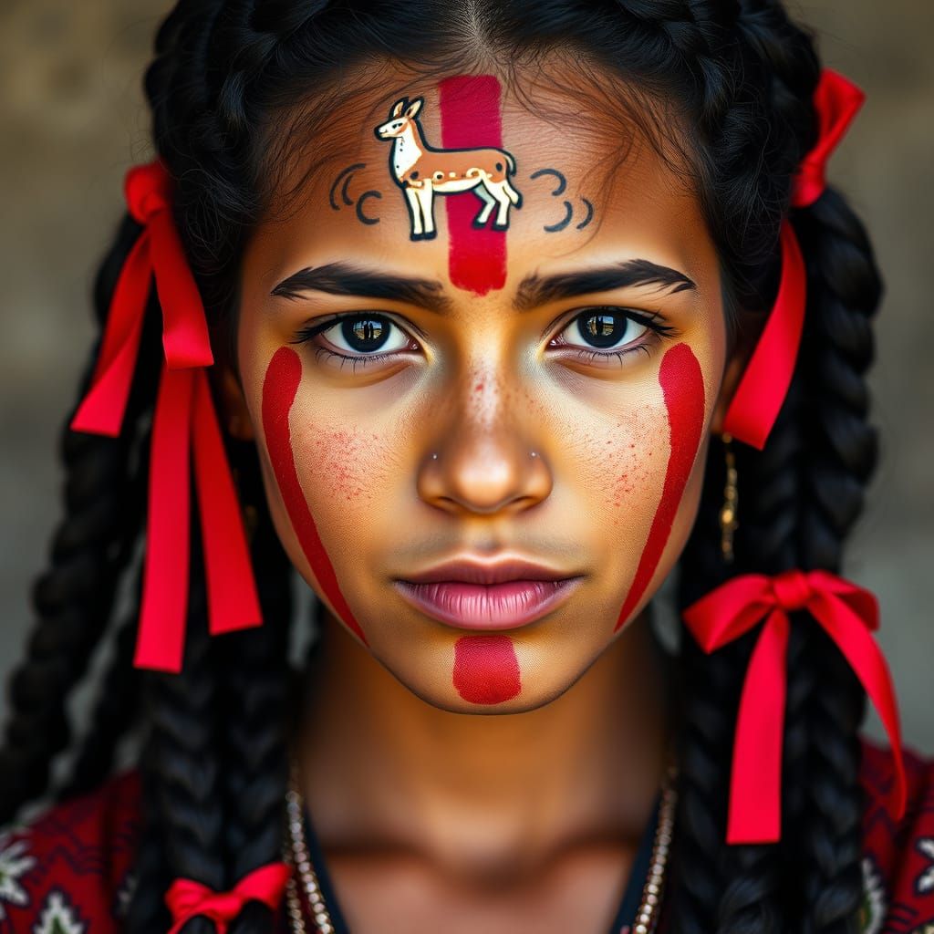 Andean Woman with Painted Face and Braids