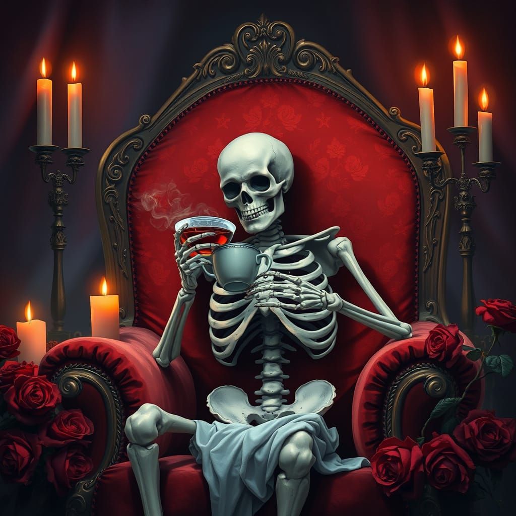Gothic Skeleton Sipping Tea Surrounded by Roses