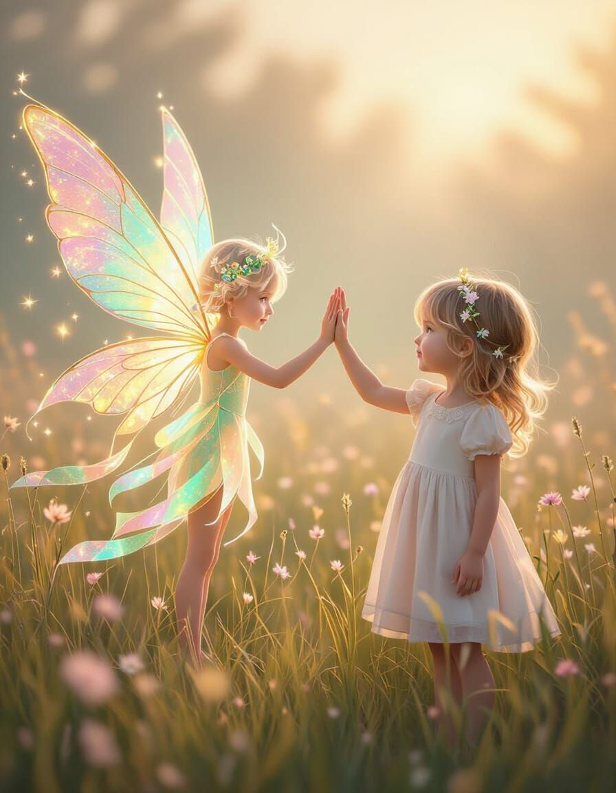Girl and Light Fairy in Magical Meadow