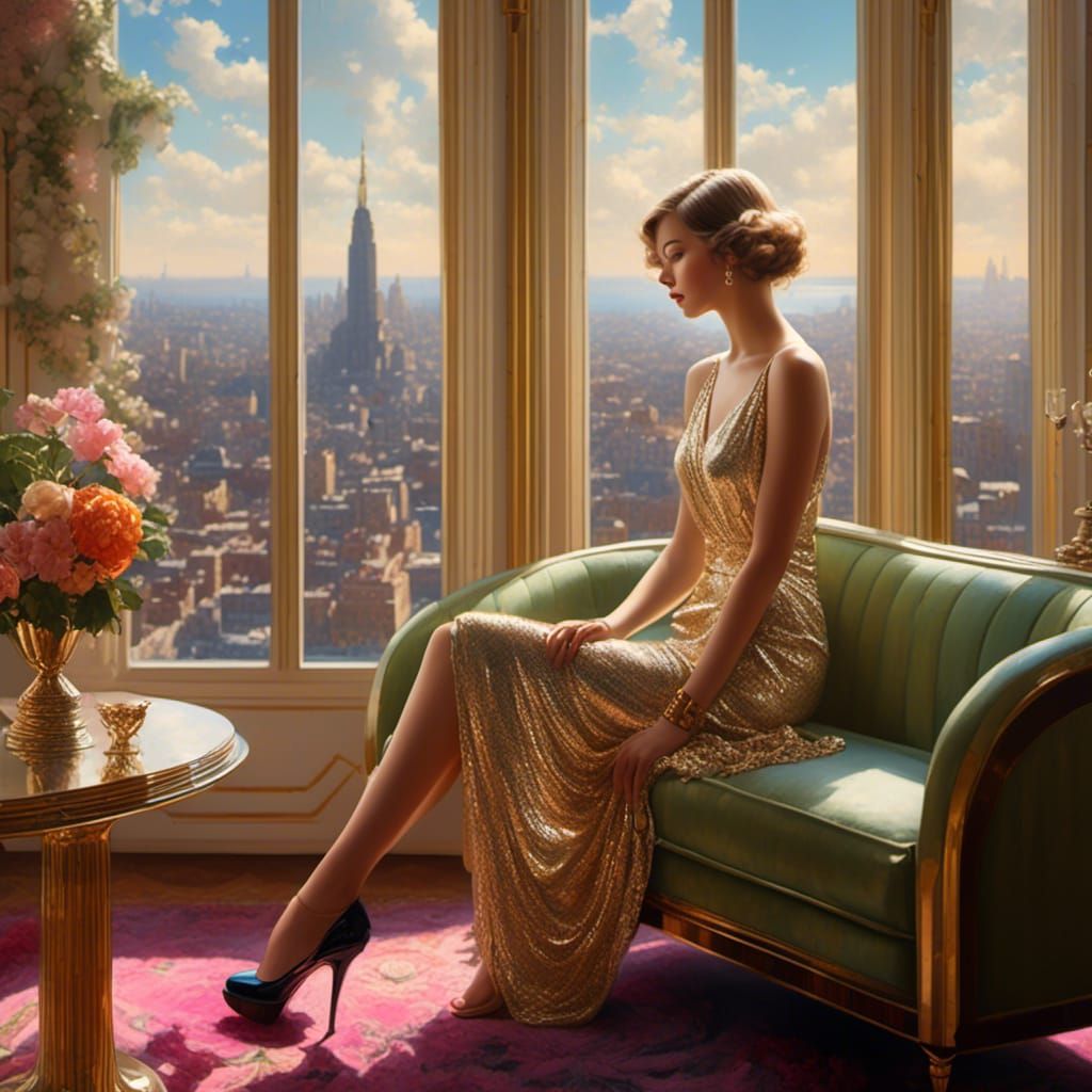 Chic Teenager in Art Deco Cityscape, Photo-Realistic
