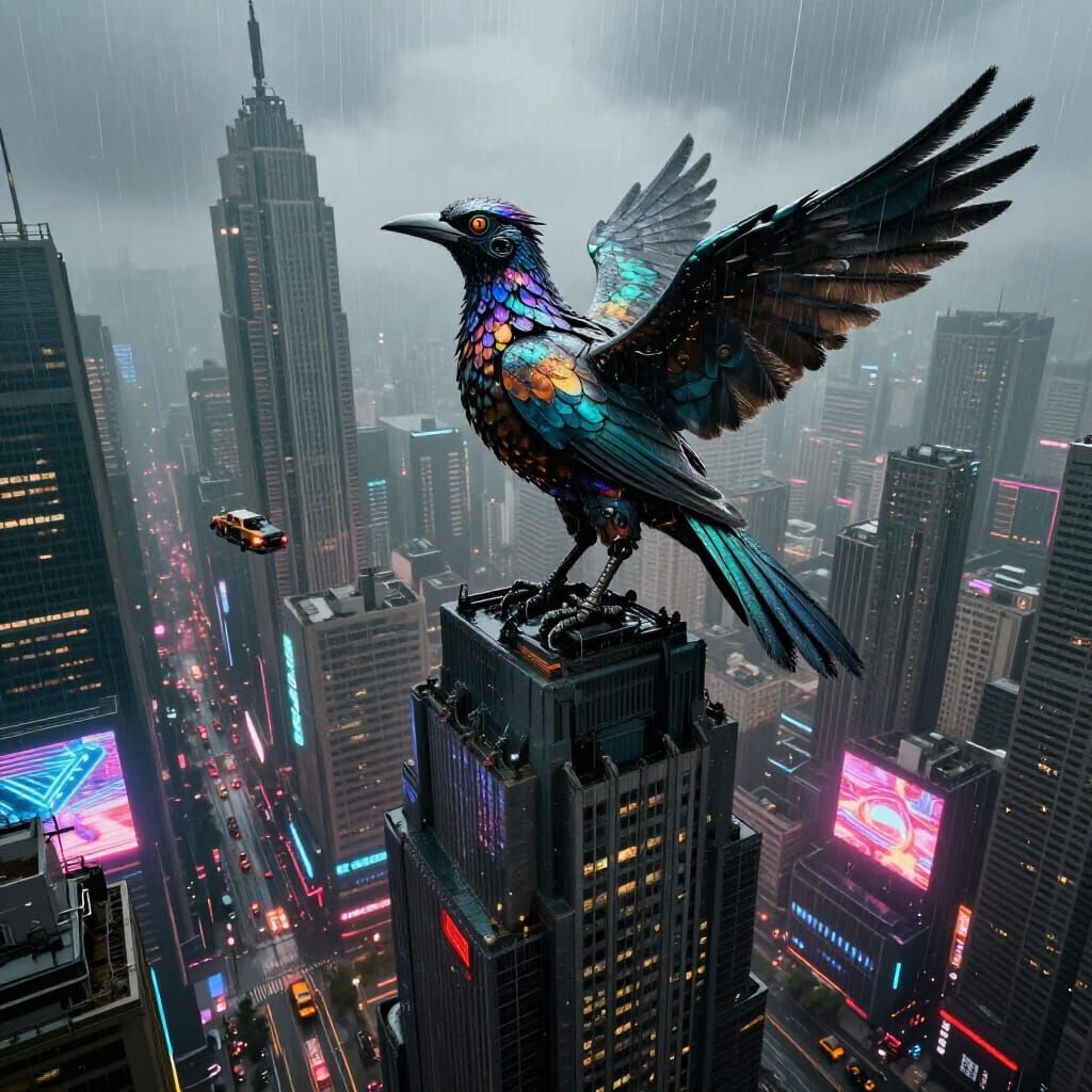 Mechanical Bird on Cyberpunk Skyscraper in Neon City