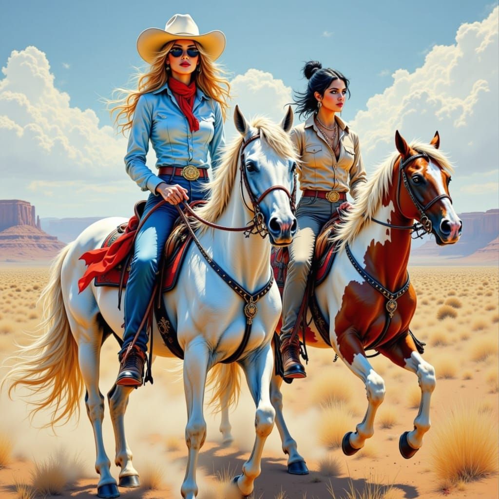 Cowgirl and Native American Rider Duo on Horses