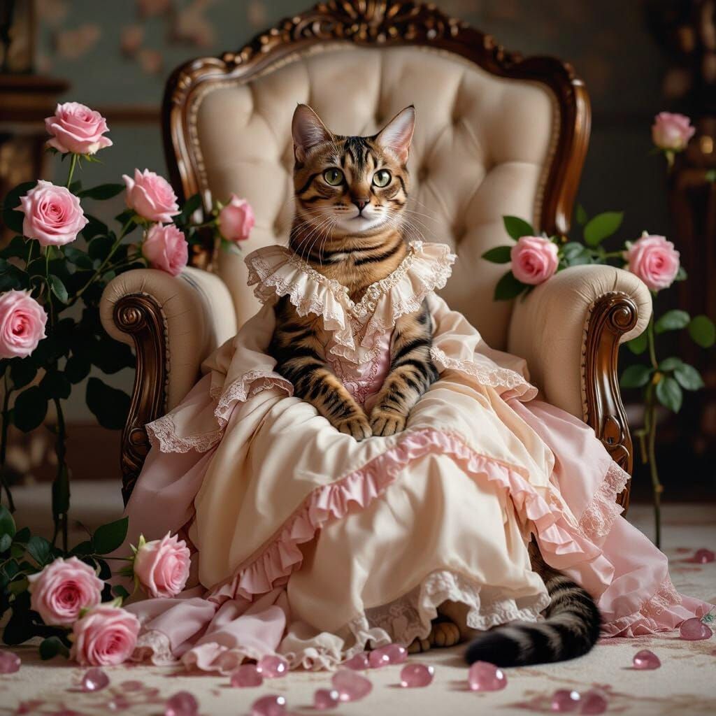 Bengal Cat as Princess in Rose Garden