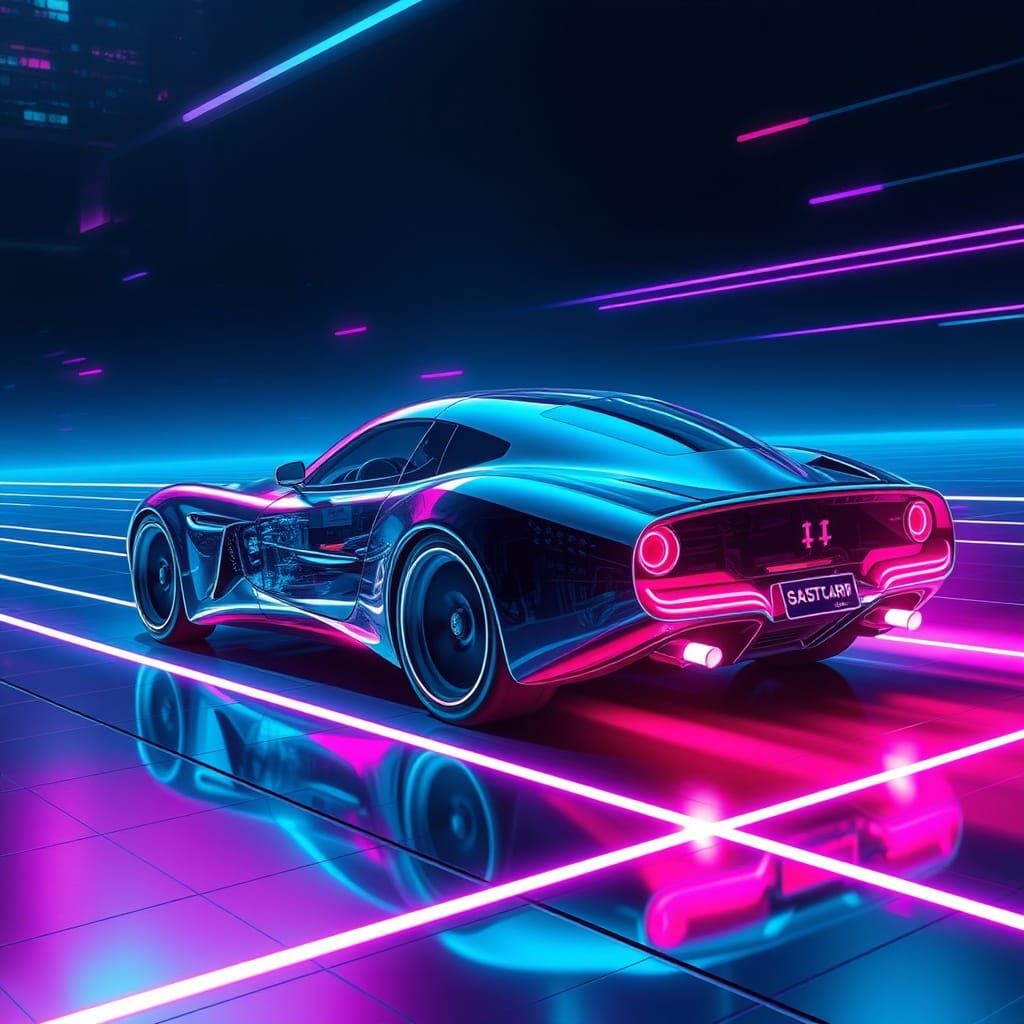 Futuristic Ghost Car on Neon Grid