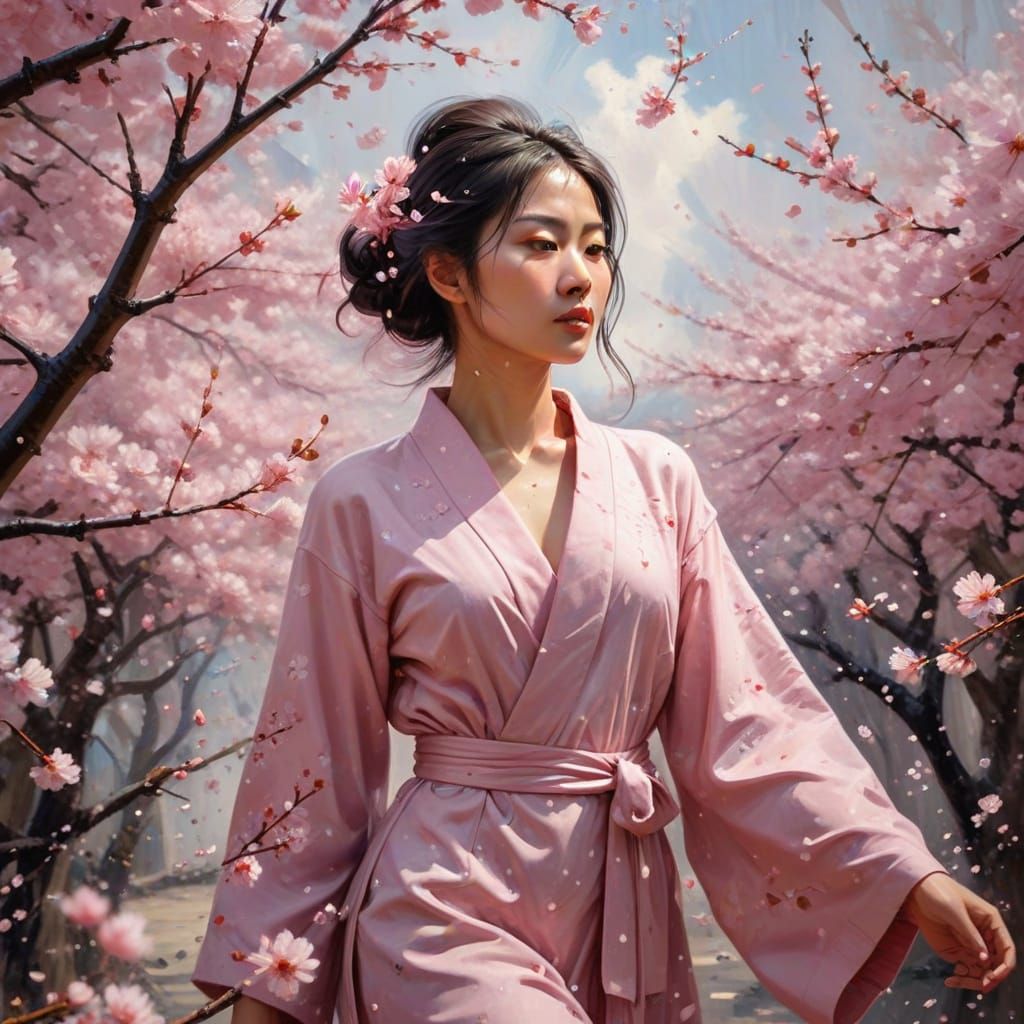 Abstract Oil Painting of Woman Among Cherry Blossoms