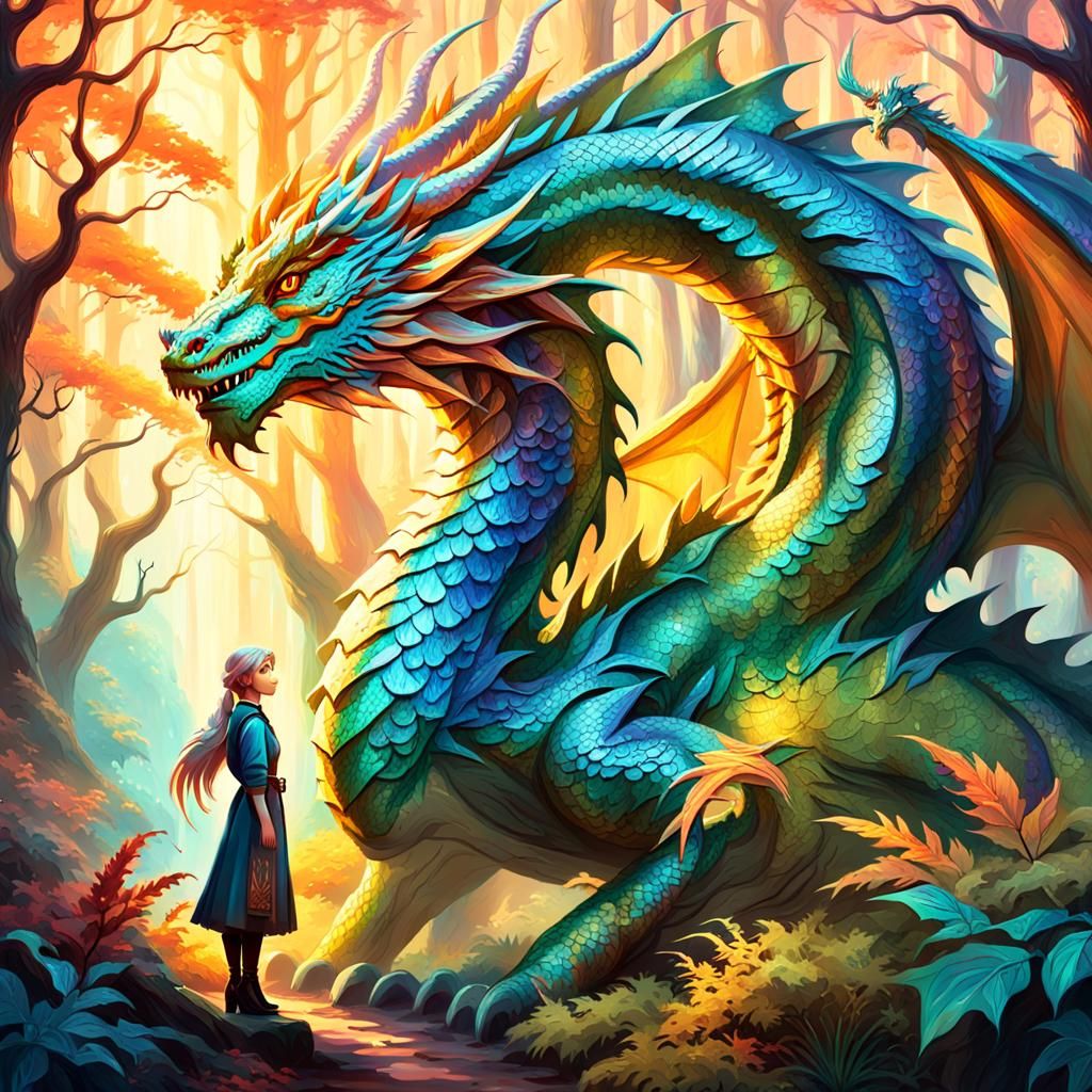 Angela and Dragon in Mystical Forest Oil Painting