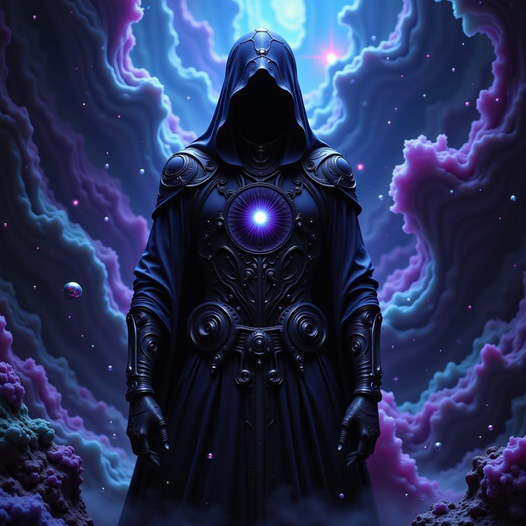 Mystical Hooded Figure in Indigo Shadows, Biomechanical Styl...
