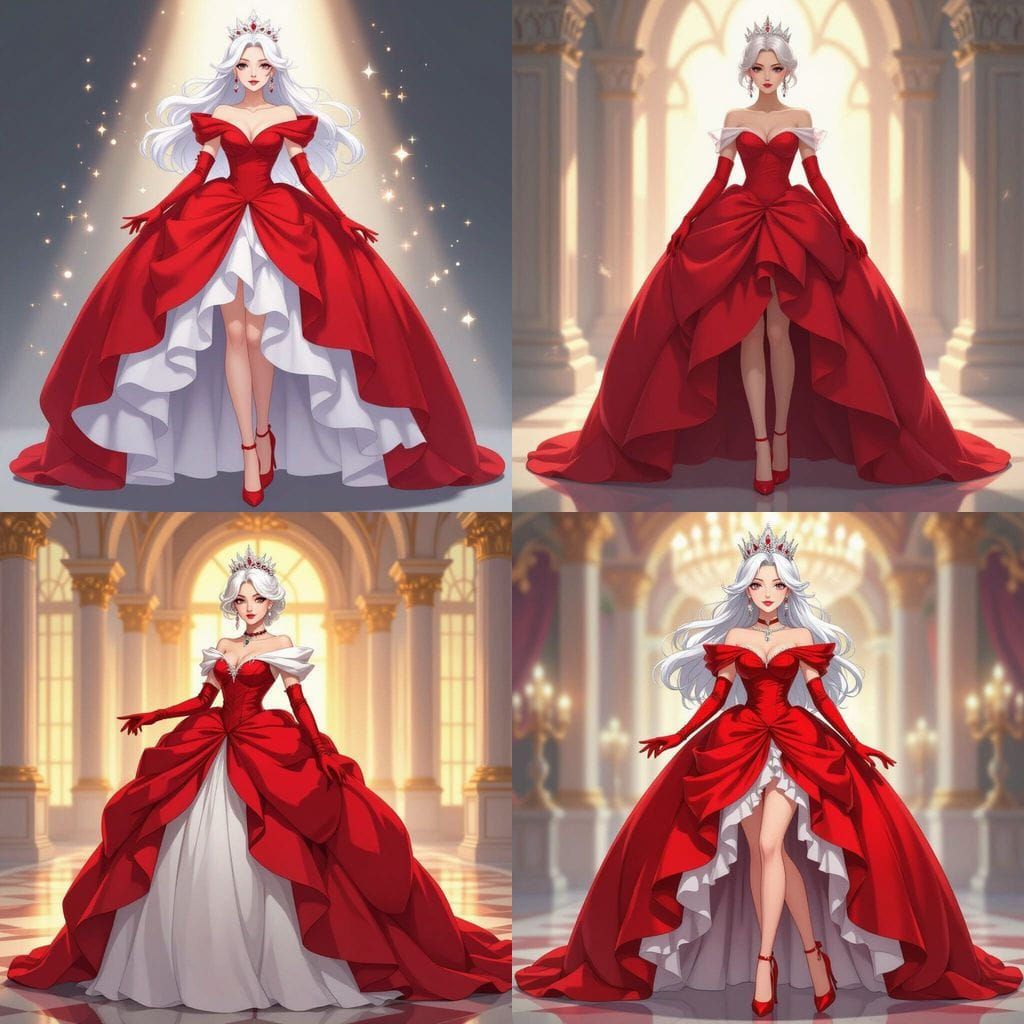 Anime Princess in Big Red Dress and White Crown