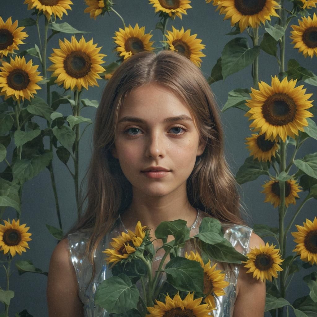 Vibrant Hologram Artwork of a Young Girl with Radiant Sunflo...