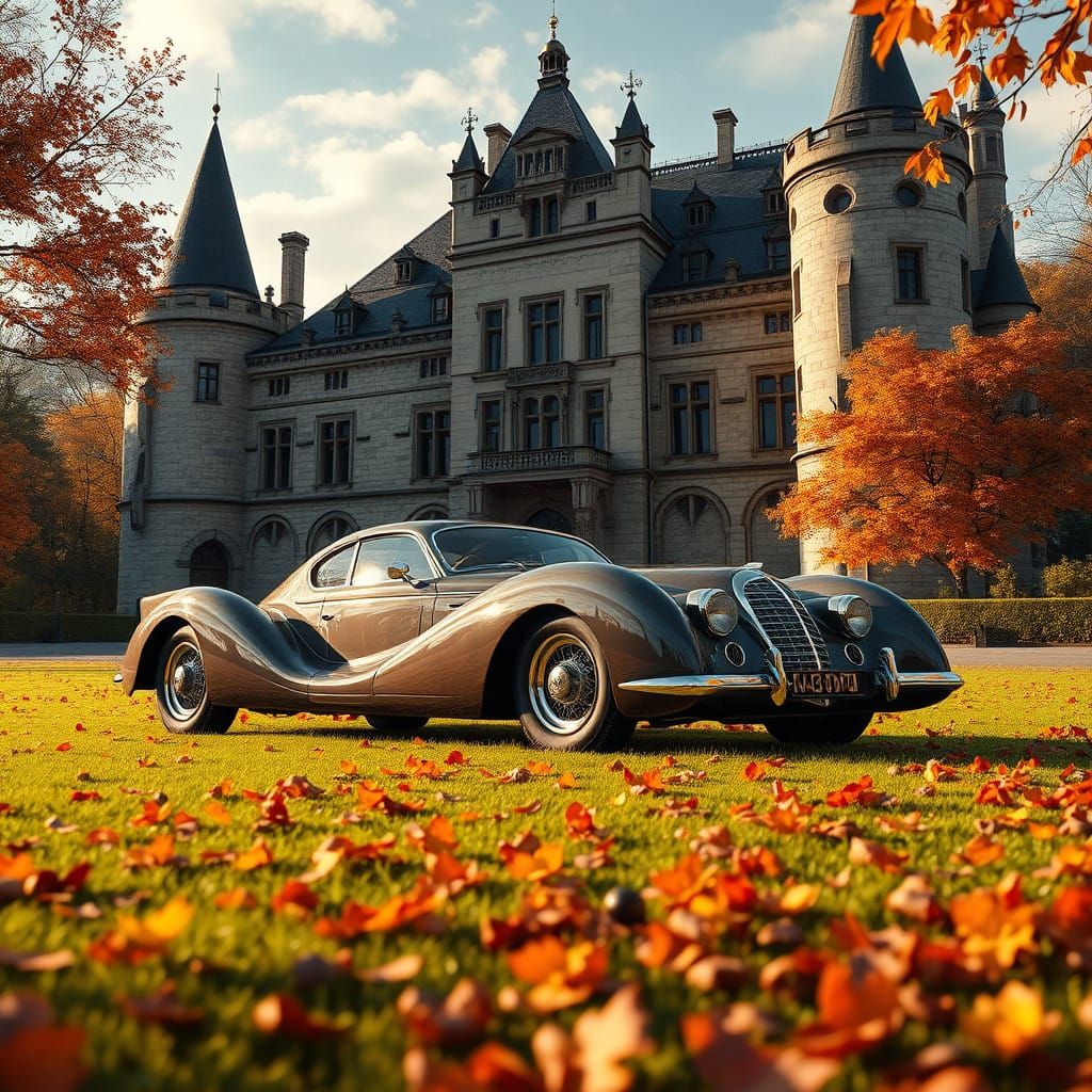 Vintage Car Beside Golden Castle in Autumn