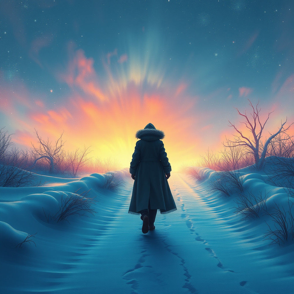 Lone Woman Walking Snowy Path: Fantasy Concept Art