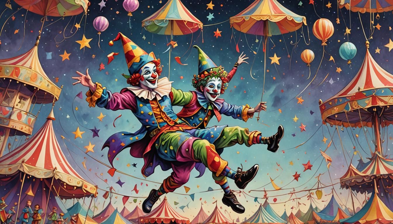 Whimsical Jester Balances on Tightrope: Storybook Illustrati...