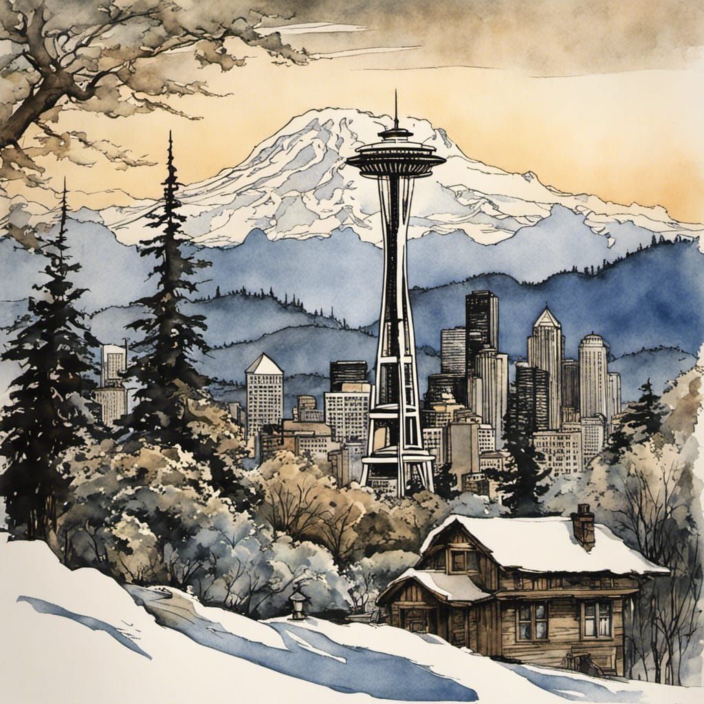 Seattle Skyline with Mount Rainier in Rackham Style
