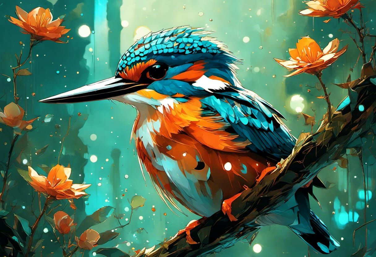 kingfisher, transparent spring backdrop, made as a constella...