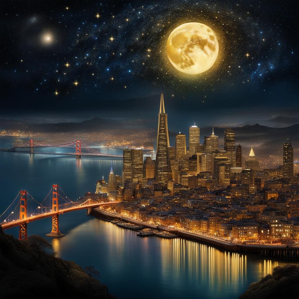 San Francisco Nightscape with Golden Glitter