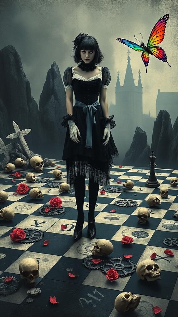 Goth Woman on Chessboard in Surreal Crayon Art