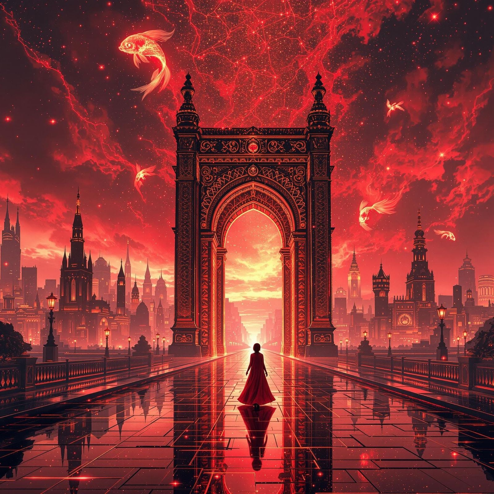 A mesmerizing, surreal glitch-art masterpiece bathed in luminous shades of fire-red, crimson, and molten gold. A vast ci...