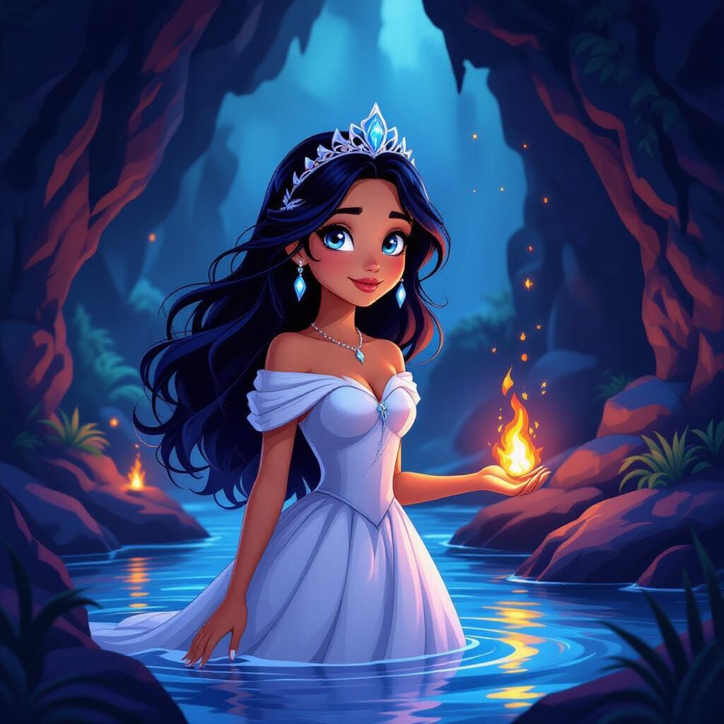 Dark Princess in Lava Cave, Anime Style Illustration
